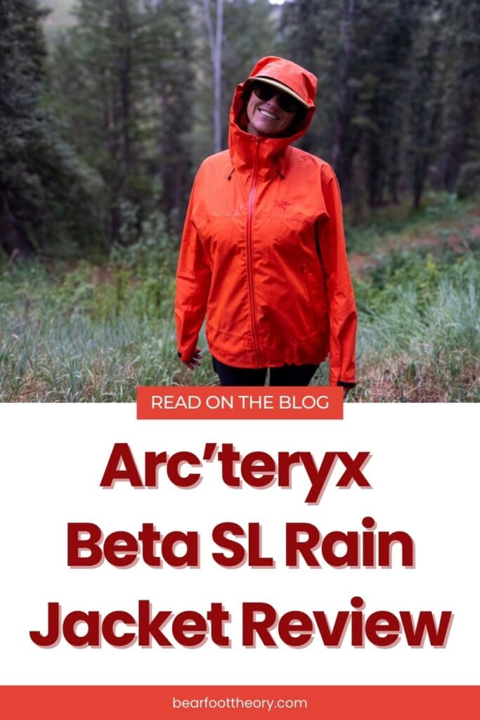 Women wearing red rain jacket with text "Arc'teryx Beta SL Rain Jacket Review"