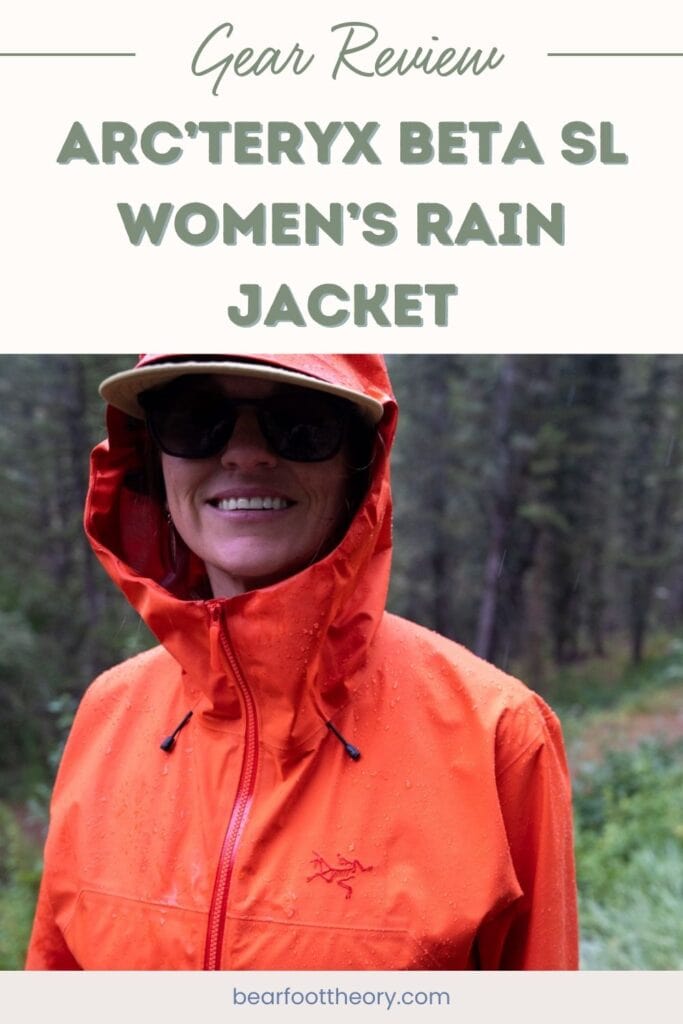 Women wearing red rain jacket with text Gear Review Arc'teryx Beta SL Women's Rain Jacket