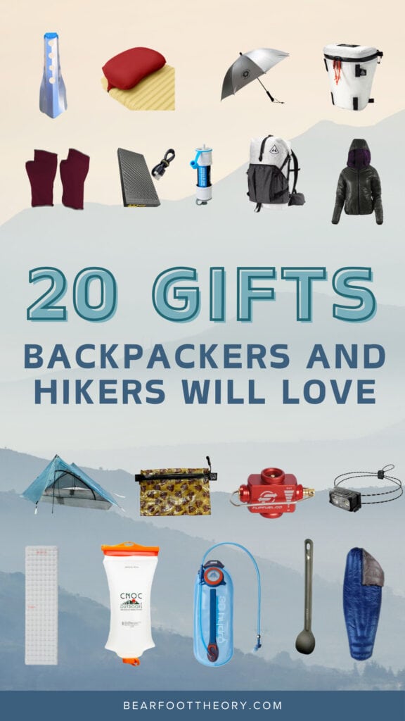 Collage of outdoor gear with text "20 Gifts Backpackers and Hikers will love"