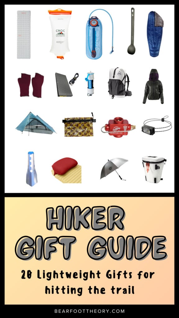 Collage of outdoor gear with text "Hiker Gift Guide - 20 Lightweight Gifts for Hitting the Trail"