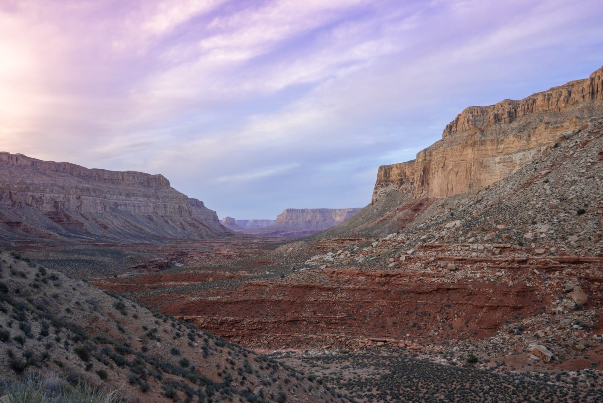 Havasu Falls trailhead looking over desert canyon at sunset