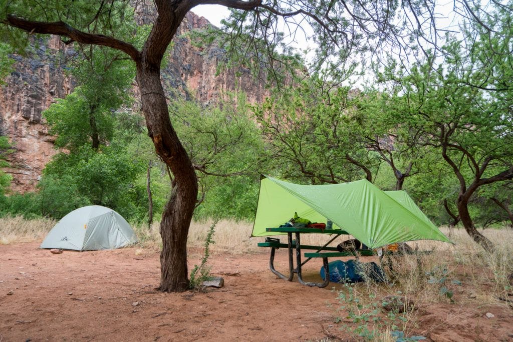 Campsite with tent set up behind tree and tarp over picnic table with gear laid out on top of it