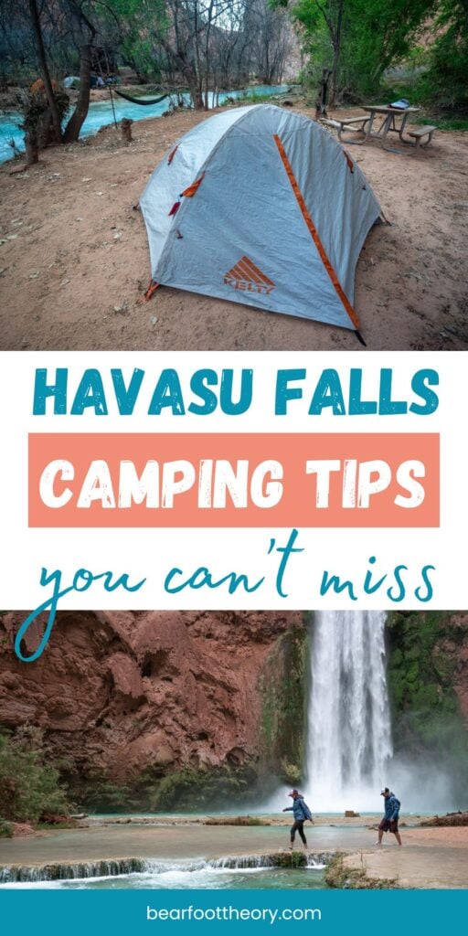 A collage of a tent and two people hiking in a river below Mooney Falls with text "Havasu Falls camping tips you can't miss"