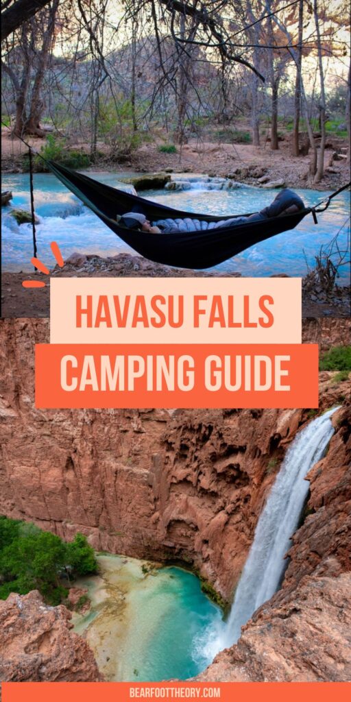 A collage of Kristen Bor lying in a hammock next to Havasu Creek and the top of Mooney Falls spilling into a turquoise pool with text "Havasu Falls Camping Guide"