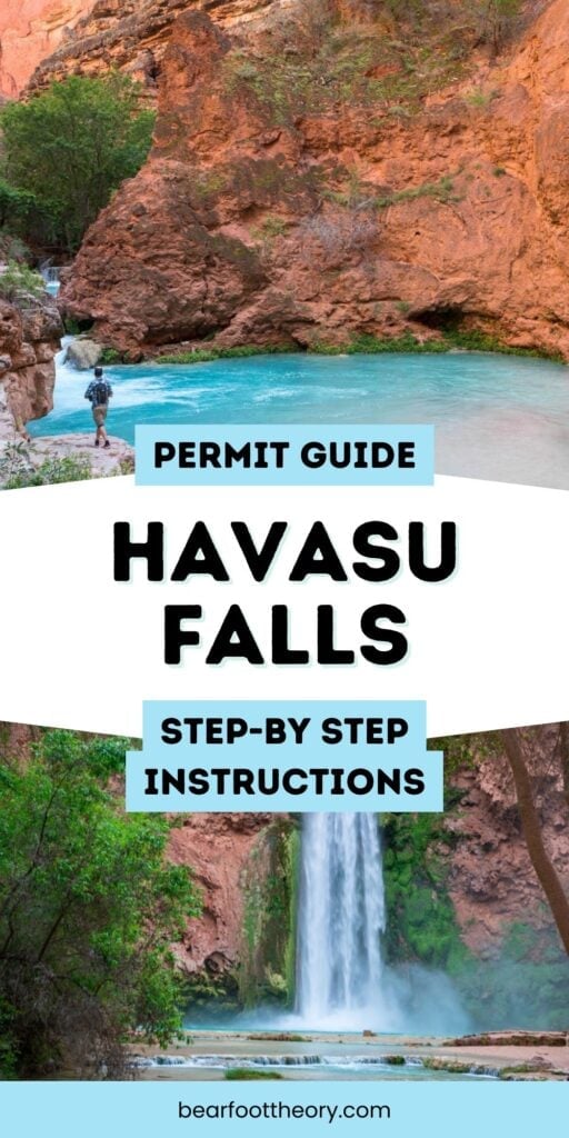 Gorgeous blue waterfall with text "permit guide - havasu falls - step-by-step instructions"