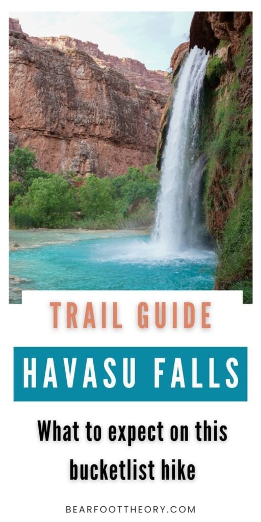 Blue desert waterfall with text "trail guide - havasu falls - what to expect on this bucketlist hike"